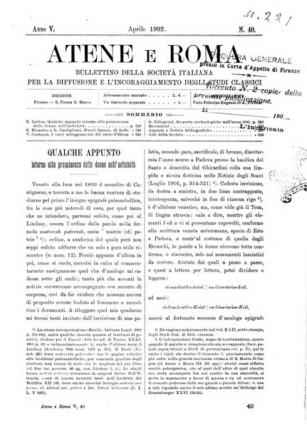 Atene e Roma bullettino della società italiana della diffusione e l'incoraggiamento degli studi classici