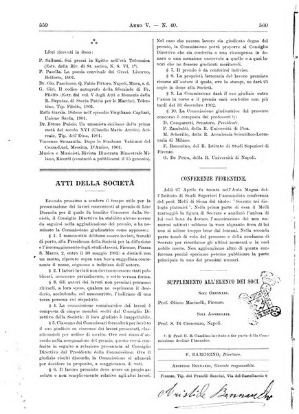 Atene e Roma bullettino della società italiana della diffusione e l'incoraggiamento degli studi classici