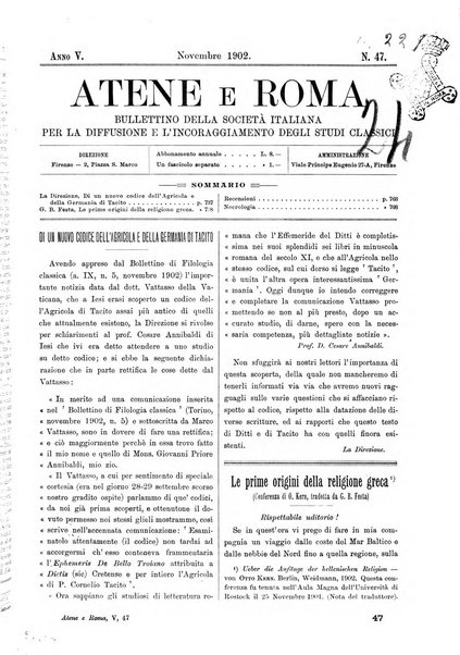 Atene e Roma bullettino della società italiana della diffusione e l'incoraggiamento degli studi classici