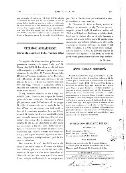 Atene e Roma bullettino della società italiana della diffusione e l'incoraggiamento degli studi classici