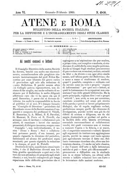 Atene e Roma bullettino della società italiana della diffusione e l'incoraggiamento degli studi classici