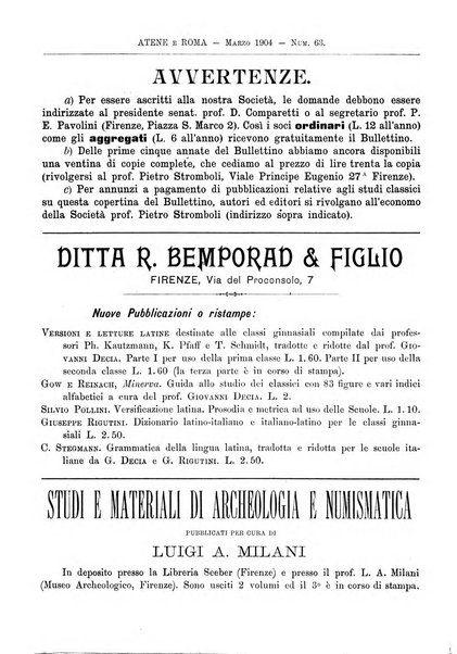 Atene e Roma bullettino della società italiana della diffusione e l'incoraggiamento degli studi classici