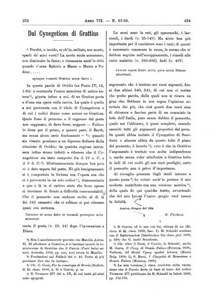 Atene e Roma bullettino della società italiana della diffusione e l'incoraggiamento degli studi classici