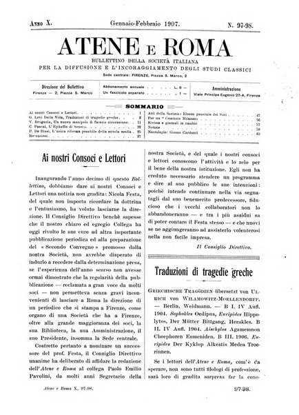 Atene e Roma bullettino della società italiana della diffusione e l'incoraggiamento degli studi classici