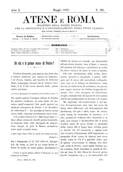 Atene e Roma bullettino della società italiana della diffusione e l'incoraggiamento degli studi classici