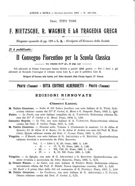 Atene e Roma bullettino della società italiana della diffusione e l'incoraggiamento degli studi classici