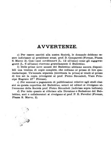 Atene e Roma bullettino della società italiana della diffusione e l'incoraggiamento degli studi classici