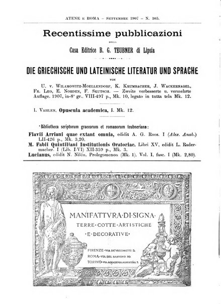 Atene e Roma bullettino della società italiana della diffusione e l'incoraggiamento degli studi classici