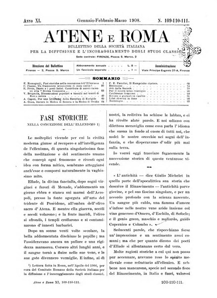 Atene e Roma bullettino della società italiana della diffusione e l'incoraggiamento degli studi classici