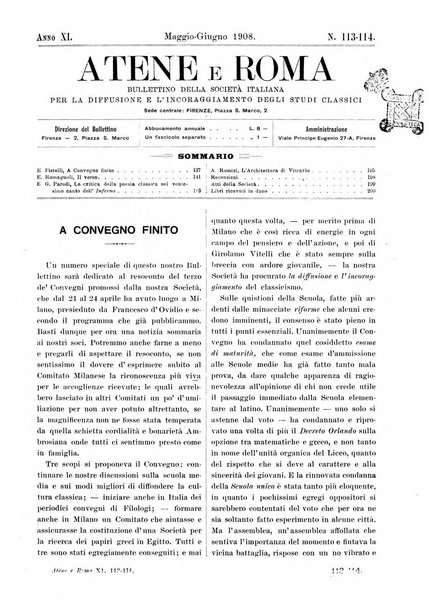 Atene e Roma bullettino della società italiana della diffusione e l'incoraggiamento degli studi classici