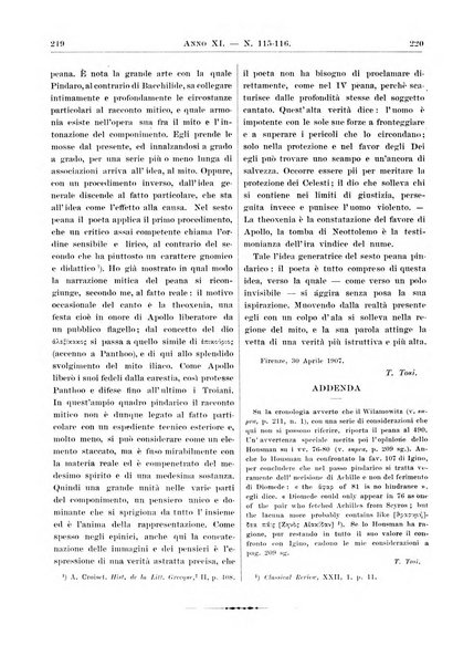 Atene e Roma bullettino della società italiana della diffusione e l'incoraggiamento degli studi classici