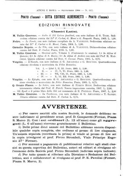 Atene e Roma bullettino della società italiana della diffusione e l'incoraggiamento degli studi classici