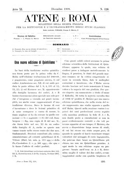 Atene e Roma bullettino della società italiana della diffusione e l'incoraggiamento degli studi classici