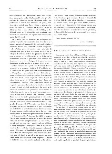 Atene e Roma bullettino della società italiana della diffusione e l'incoraggiamento degli studi classici