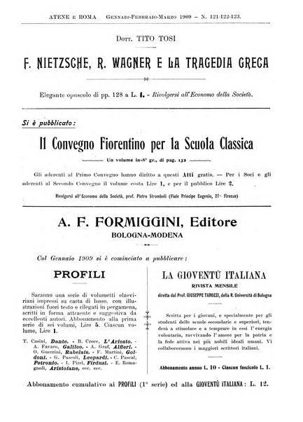 Atene e Roma bullettino della società italiana della diffusione e l'incoraggiamento degli studi classici