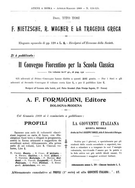 Atene e Roma bullettino della società italiana della diffusione e l'incoraggiamento degli studi classici