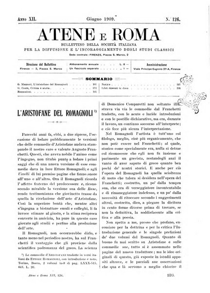 Atene e Roma bullettino della società italiana della diffusione e l'incoraggiamento degli studi classici