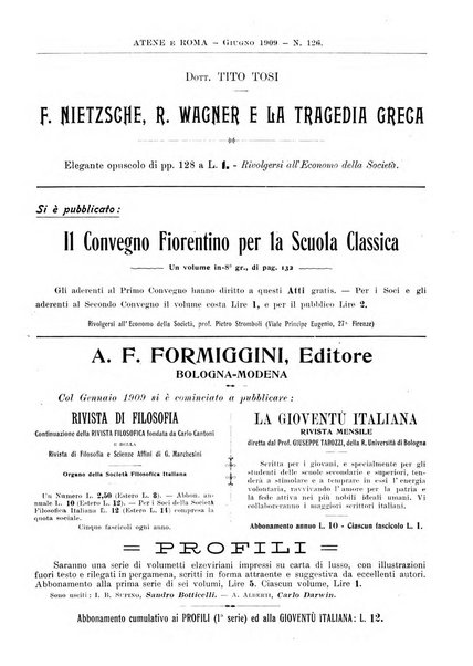 Atene e Roma bullettino della società italiana della diffusione e l'incoraggiamento degli studi classici