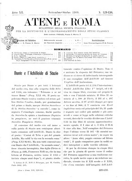 Atene e Roma bullettino della società italiana della diffusione e l'incoraggiamento degli studi classici