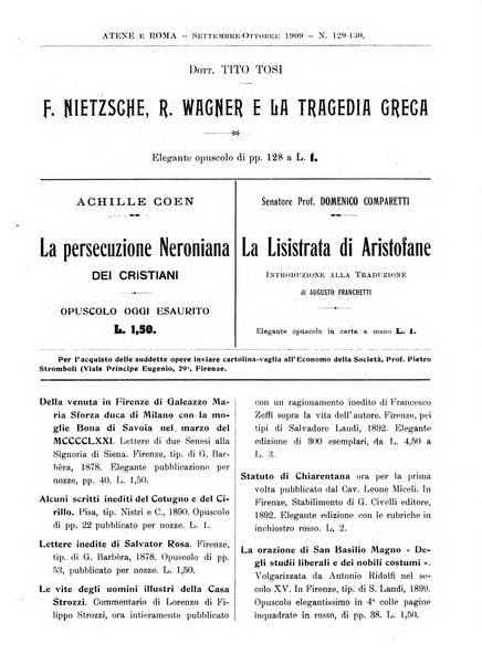 Atene e Roma bullettino della società italiana della diffusione e l'incoraggiamento degli studi classici