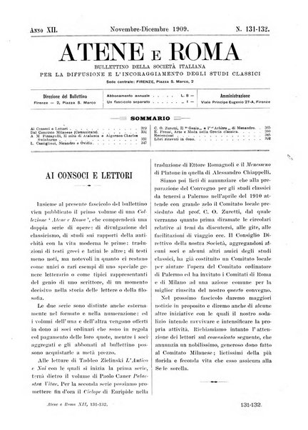 Atene e Roma bullettino della società italiana della diffusione e l'incoraggiamento degli studi classici