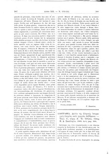 Atene e Roma bullettino della società italiana della diffusione e l'incoraggiamento degli studi classici