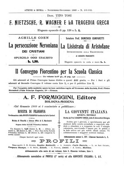 Atene e Roma bullettino della società italiana della diffusione e l'incoraggiamento degli studi classici