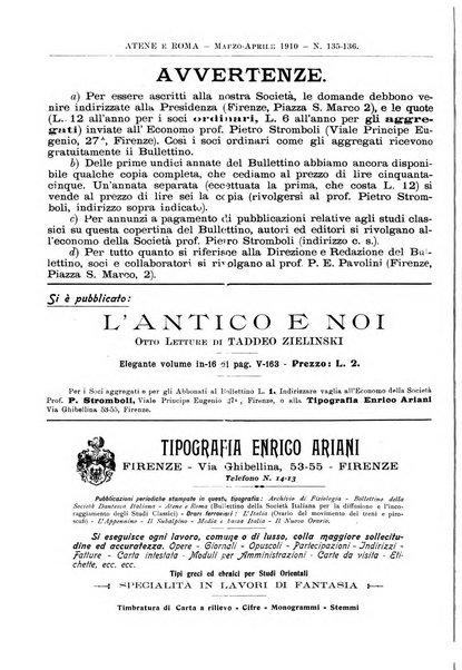 Atene e Roma bullettino della società italiana della diffusione e l'incoraggiamento degli studi classici