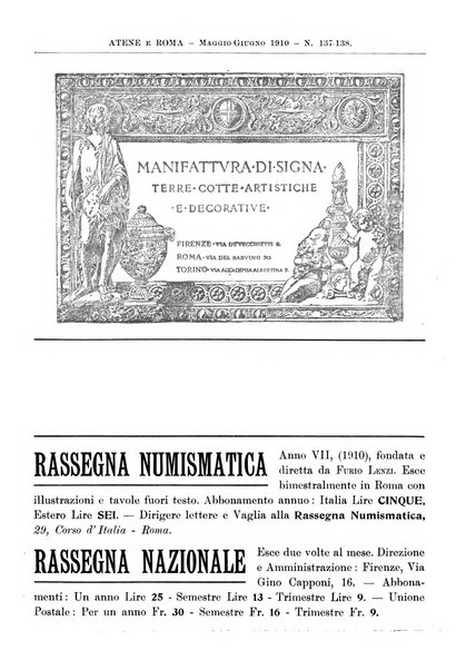 Atene e Roma bullettino della società italiana della diffusione e l'incoraggiamento degli studi classici