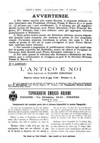 Atene e Roma bullettino della società italiana della diffusione e l'incoraggiamento degli studi classici