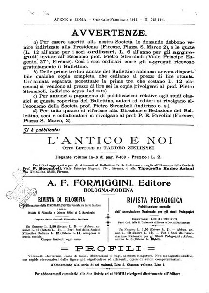 Atene e Roma bullettino della società italiana della diffusione e l'incoraggiamento degli studi classici