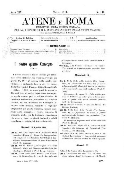 Atene e Roma bullettino della società italiana della diffusione e l'incoraggiamento degli studi classici