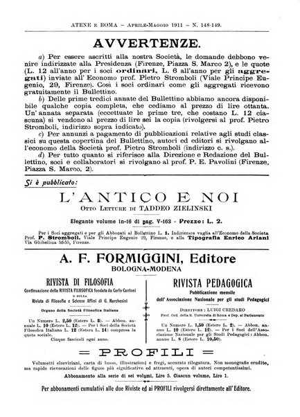 Atene e Roma bullettino della società italiana della diffusione e l'incoraggiamento degli studi classici