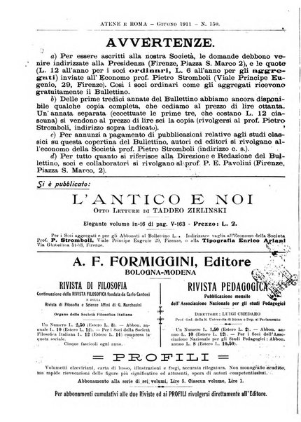 Atene e Roma bullettino della società italiana della diffusione e l'incoraggiamento degli studi classici