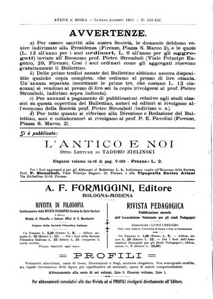 Atene e Roma bullettino della società italiana della diffusione e l'incoraggiamento degli studi classici