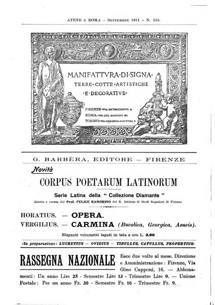 Atene e Roma bullettino della società italiana della diffusione e l'incoraggiamento degli studi classici