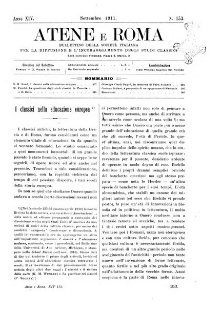 Atene e Roma bullettino della società italiana della diffusione e l'incoraggiamento degli studi classici