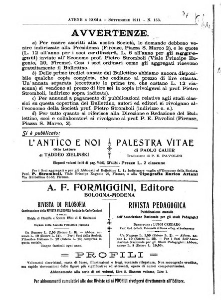 Atene e Roma bullettino della società italiana della diffusione e l'incoraggiamento degli studi classici