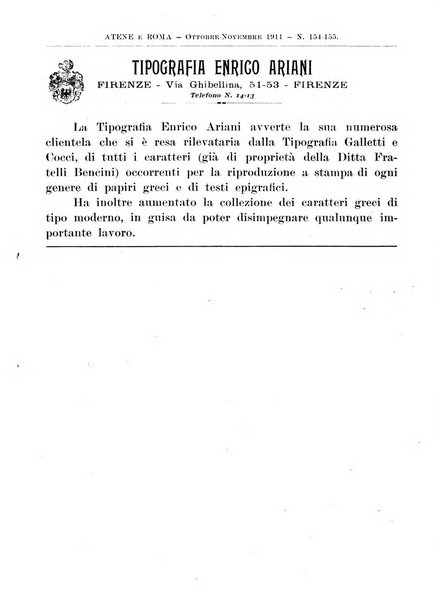 Atene e Roma bullettino della società italiana della diffusione e l'incoraggiamento degli studi classici