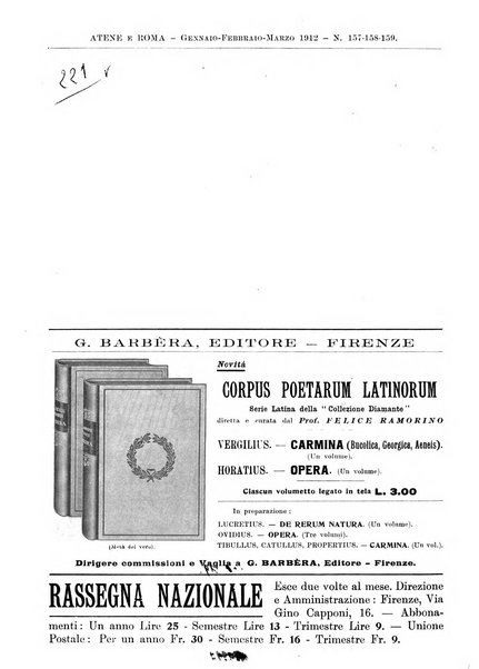 Atene e Roma bullettino della società italiana della diffusione e l'incoraggiamento degli studi classici