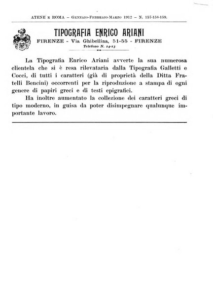 Atene e Roma bullettino della società italiana della diffusione e l'incoraggiamento degli studi classici