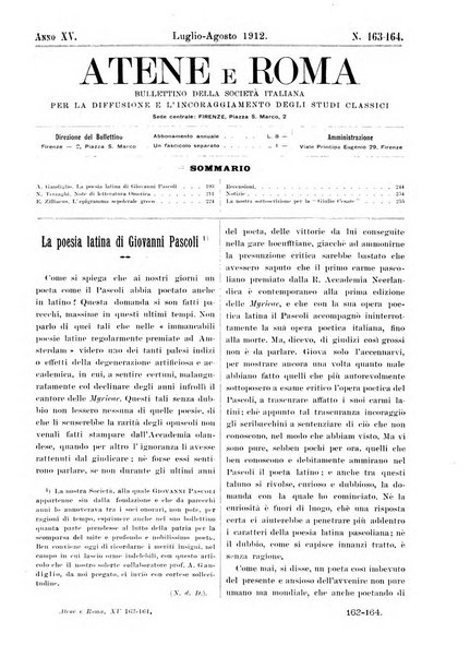 Atene e Roma bullettino della società italiana della diffusione e l'incoraggiamento degli studi classici