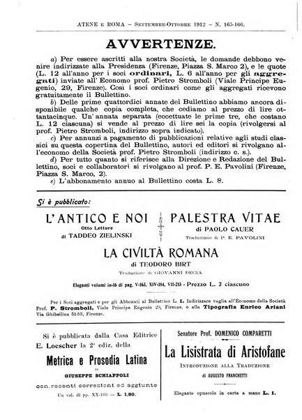 Atene e Roma bullettino della società italiana della diffusione e l'incoraggiamento degli studi classici