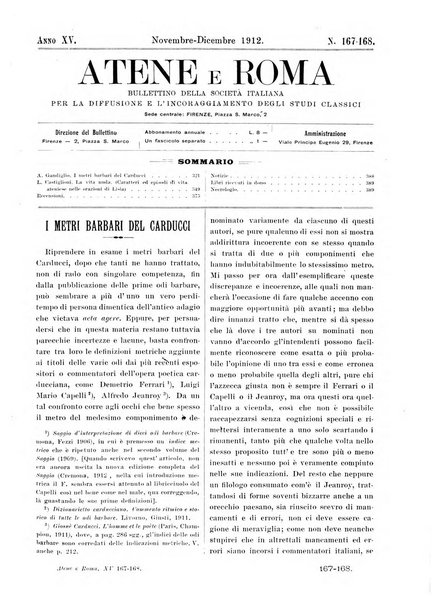 Atene e Roma bullettino della società italiana della diffusione e l'incoraggiamento degli studi classici