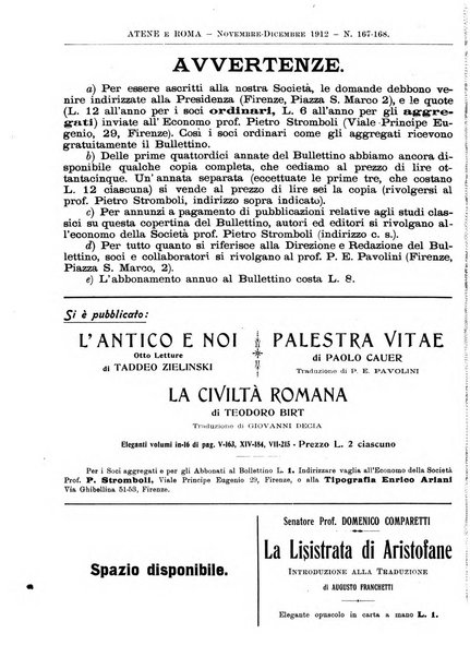 Atene e Roma bullettino della società italiana della diffusione e l'incoraggiamento degli studi classici