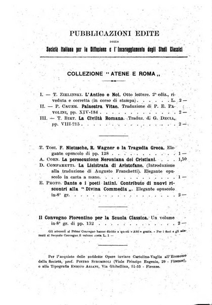 Atene e Roma bullettino della società italiana della diffusione e l'incoraggiamento degli studi classici