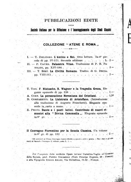 Atene e Roma bullettino della società italiana della diffusione e l'incoraggiamento degli studi classici