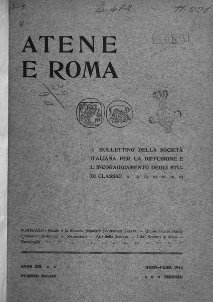 Atene e Roma bullettino della società italiana della diffusione e l'incoraggiamento degli studi classici