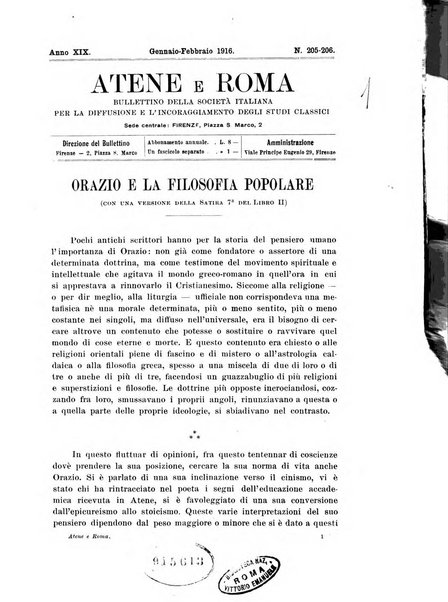 Atene e Roma bullettino della società italiana della diffusione e l'incoraggiamento degli studi classici