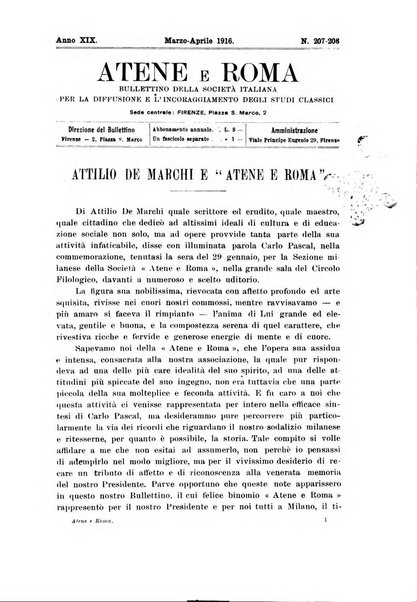 Atene e Roma bullettino della società italiana della diffusione e l'incoraggiamento degli studi classici